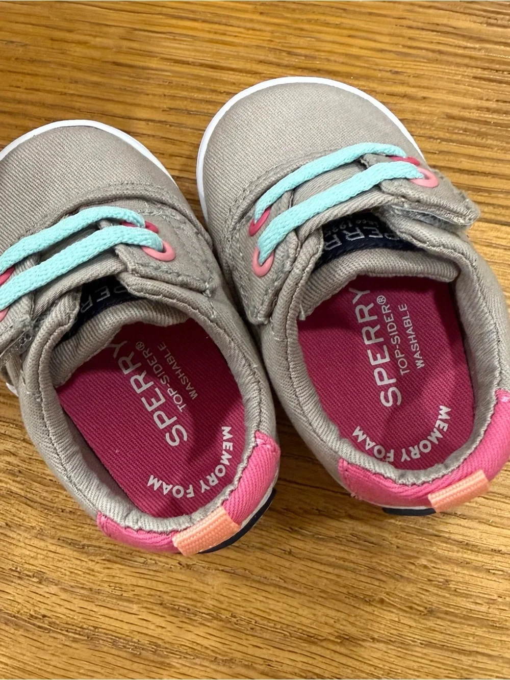Sperry Kids Gray Canvas Boat Shoes with Pink & Teal Accents